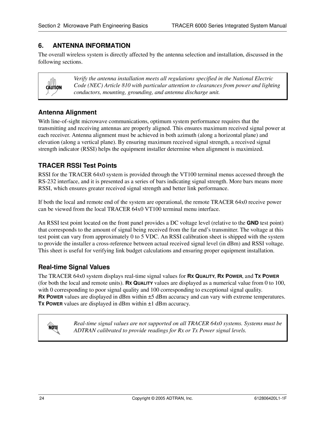 ADTRAN 6000 Series system manual Antenna Information, Antenna Alignment, Tracer Rssi Test Points, Real-time Signal Values 