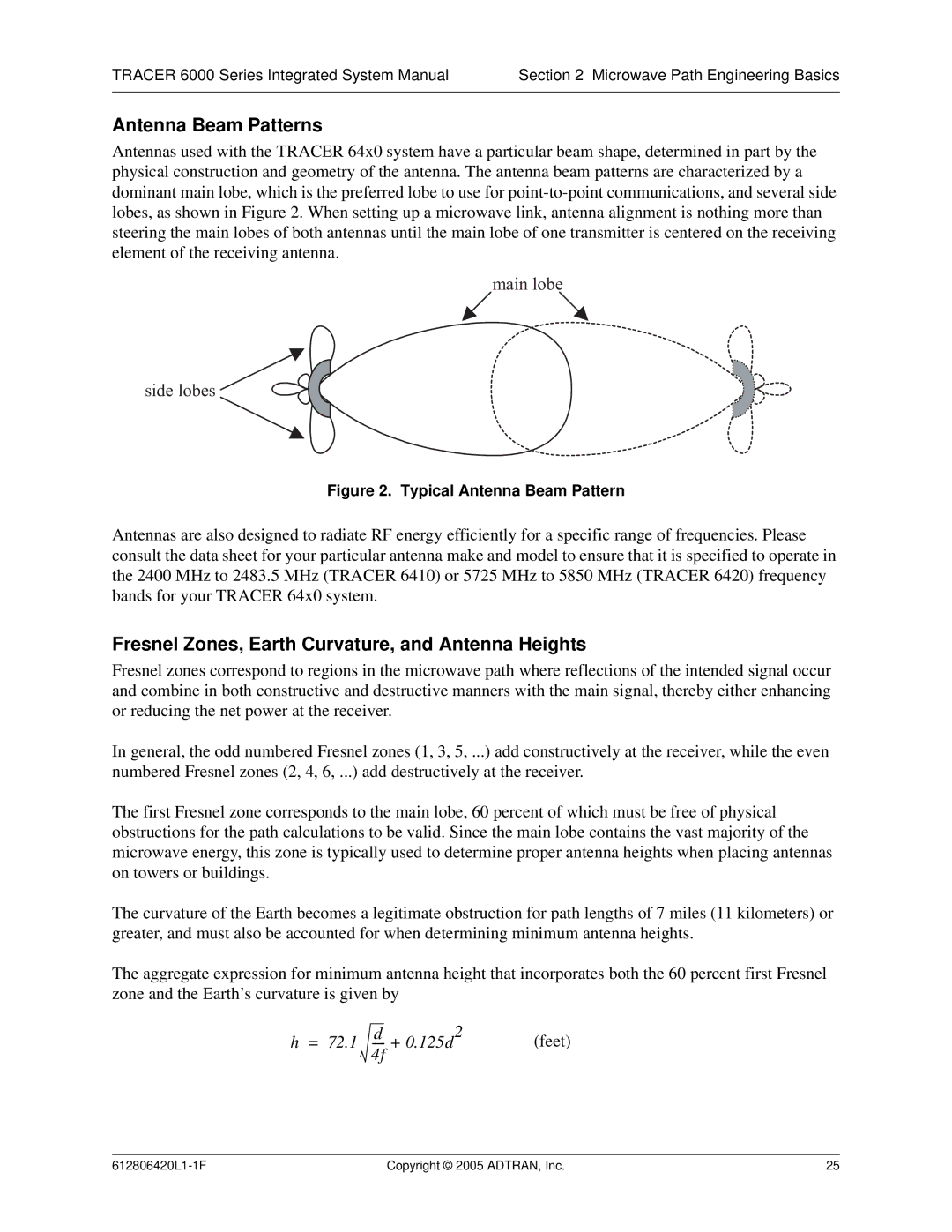 ADTRAN 6000 Series system manual Antenna Beam Patterns, Fresnel Zones, Earth Curvature, and Antenna Heights 