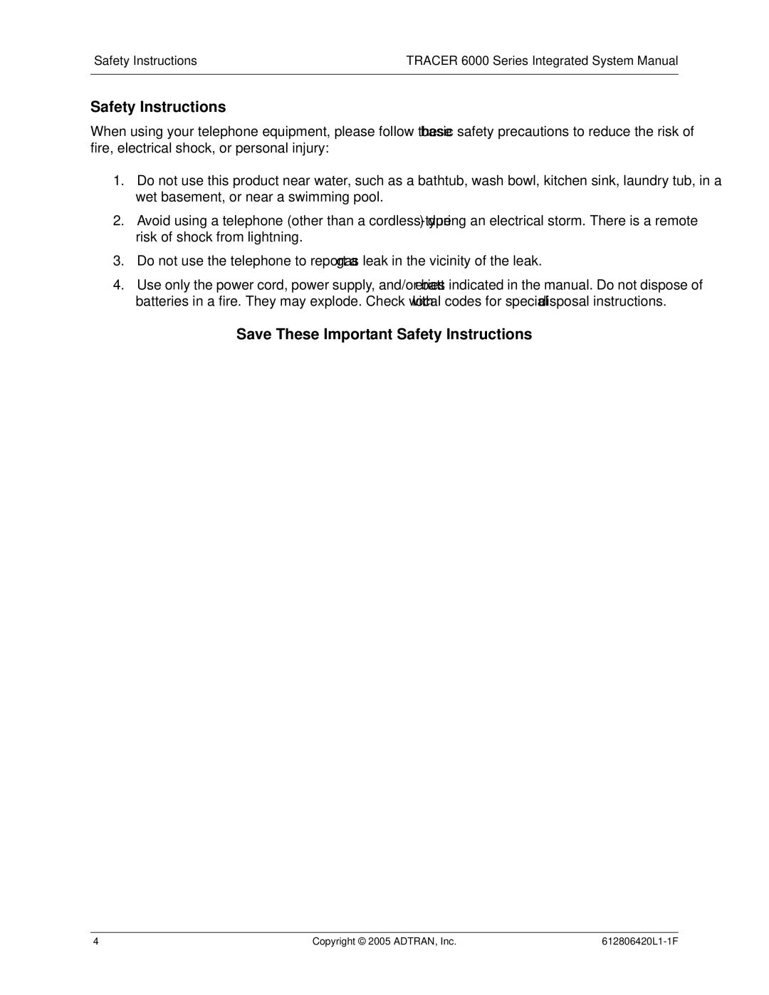 ADTRAN 6000 Series system manual Save These Important Safety Instructions 