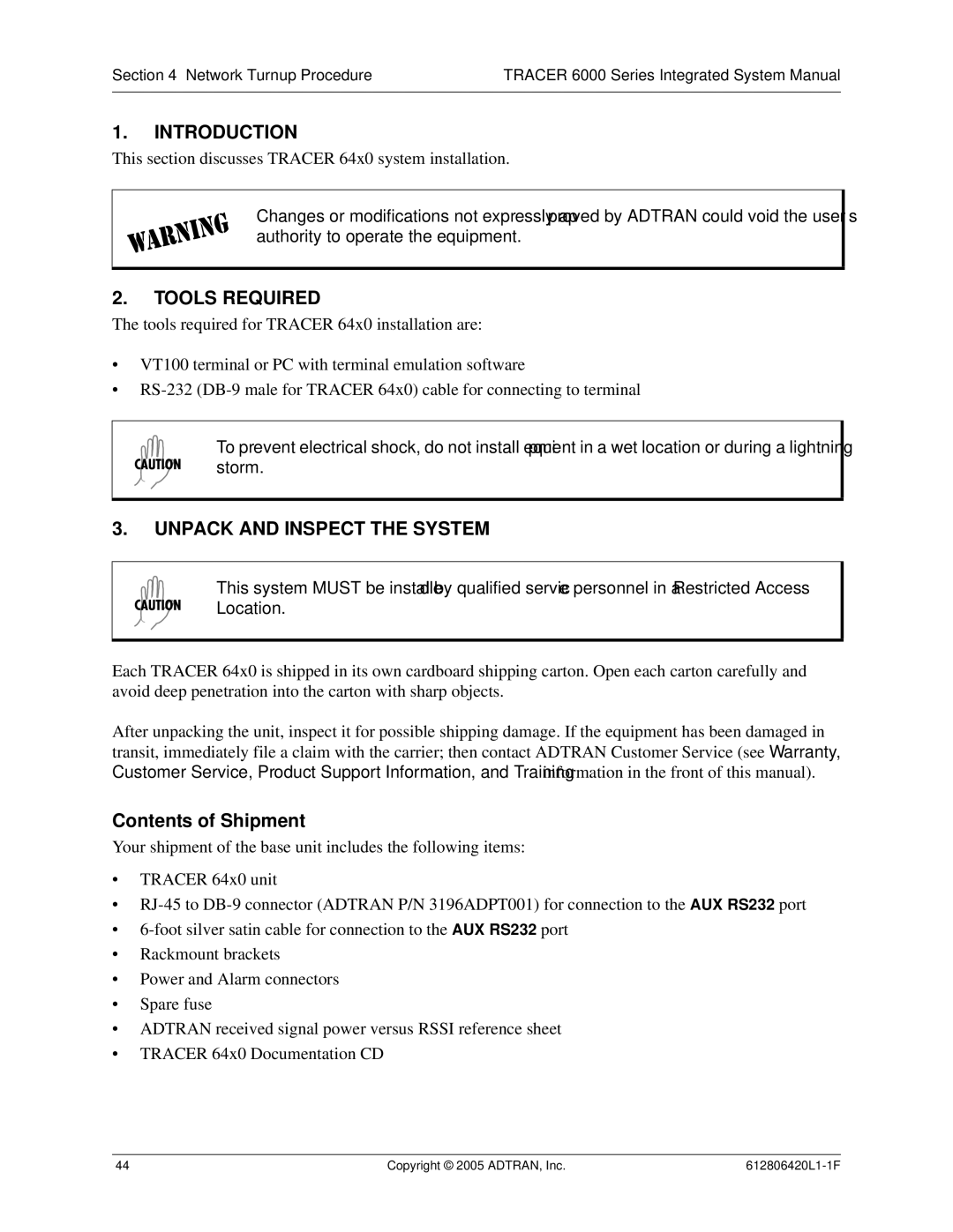 ADTRAN 6000 Series system manual Introduction, Tools Required, Unpack and Inspect the System, Contents of Shipment 