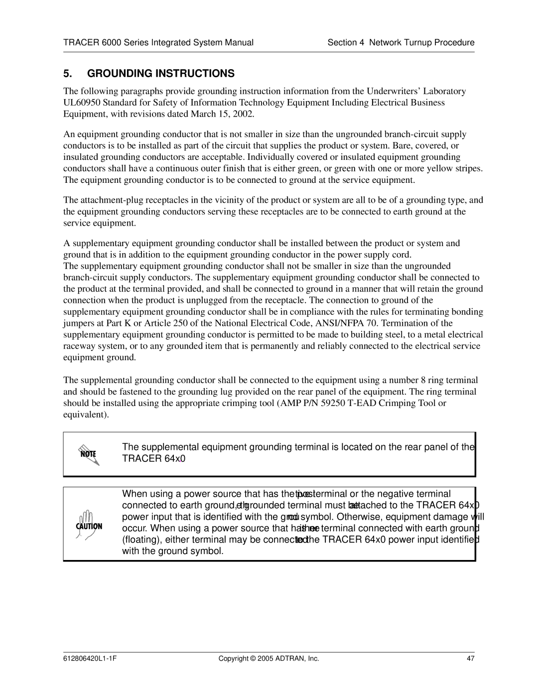 ADTRAN 6000 Series system manual Grounding Instructions 