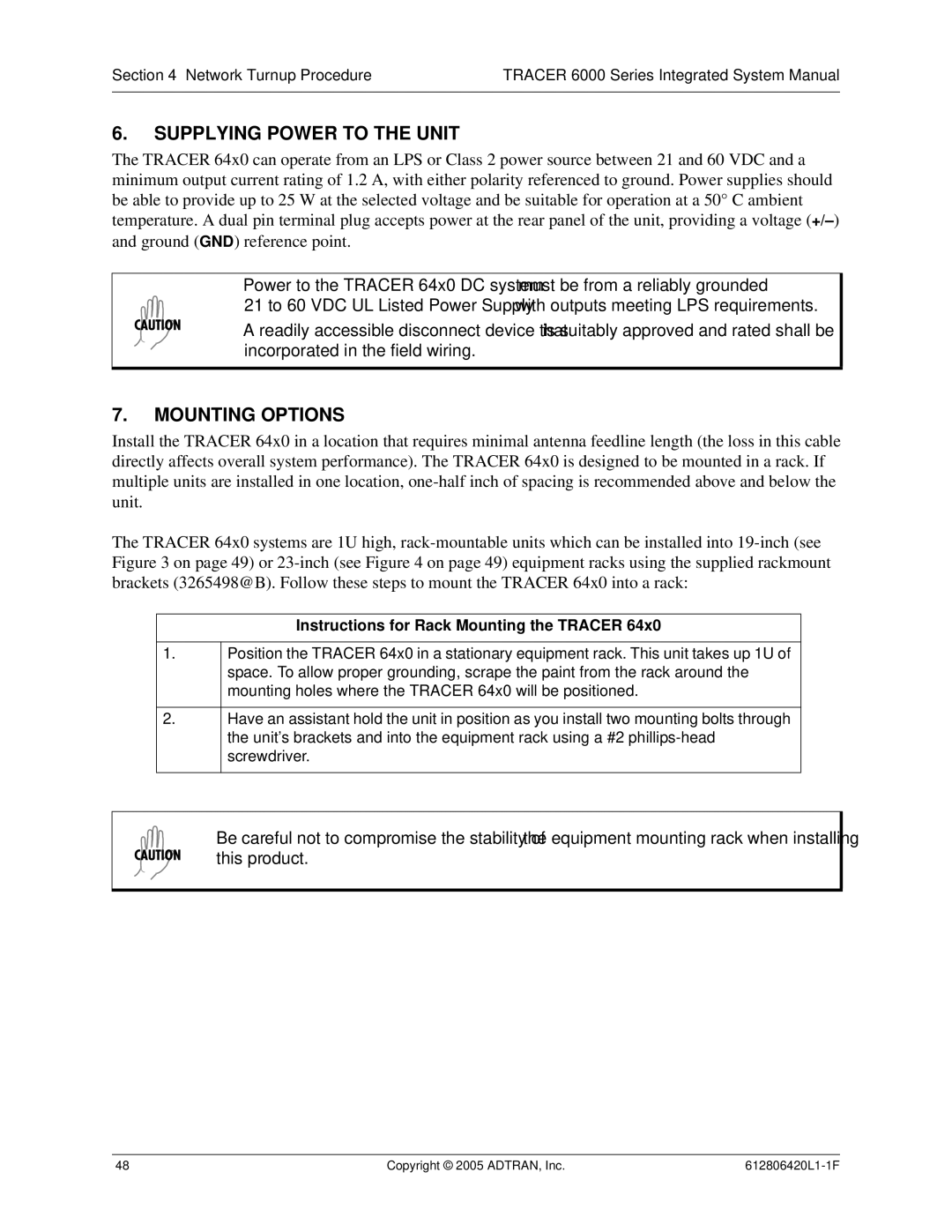 ADTRAN 6000 Series system manual Supplying Power to the Unit, Mounting Options, Instructions for Rack Mounting the Tracer 