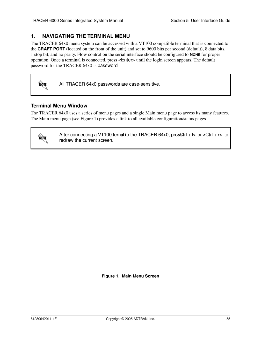 ADTRAN 6000 Series system manual Navigating the Terminal Menu, Terminal Menu Window 