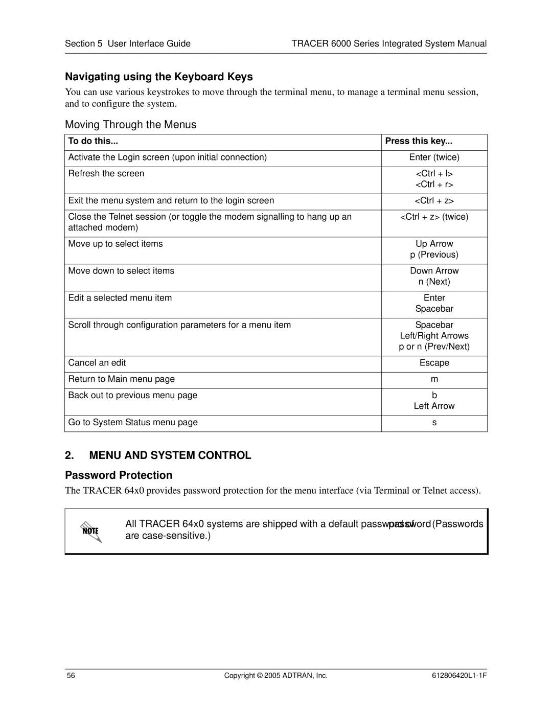 ADTRAN 6000 Series system manual Navigating using the Keyboard Keys, Menu and System Control, Password Protection 