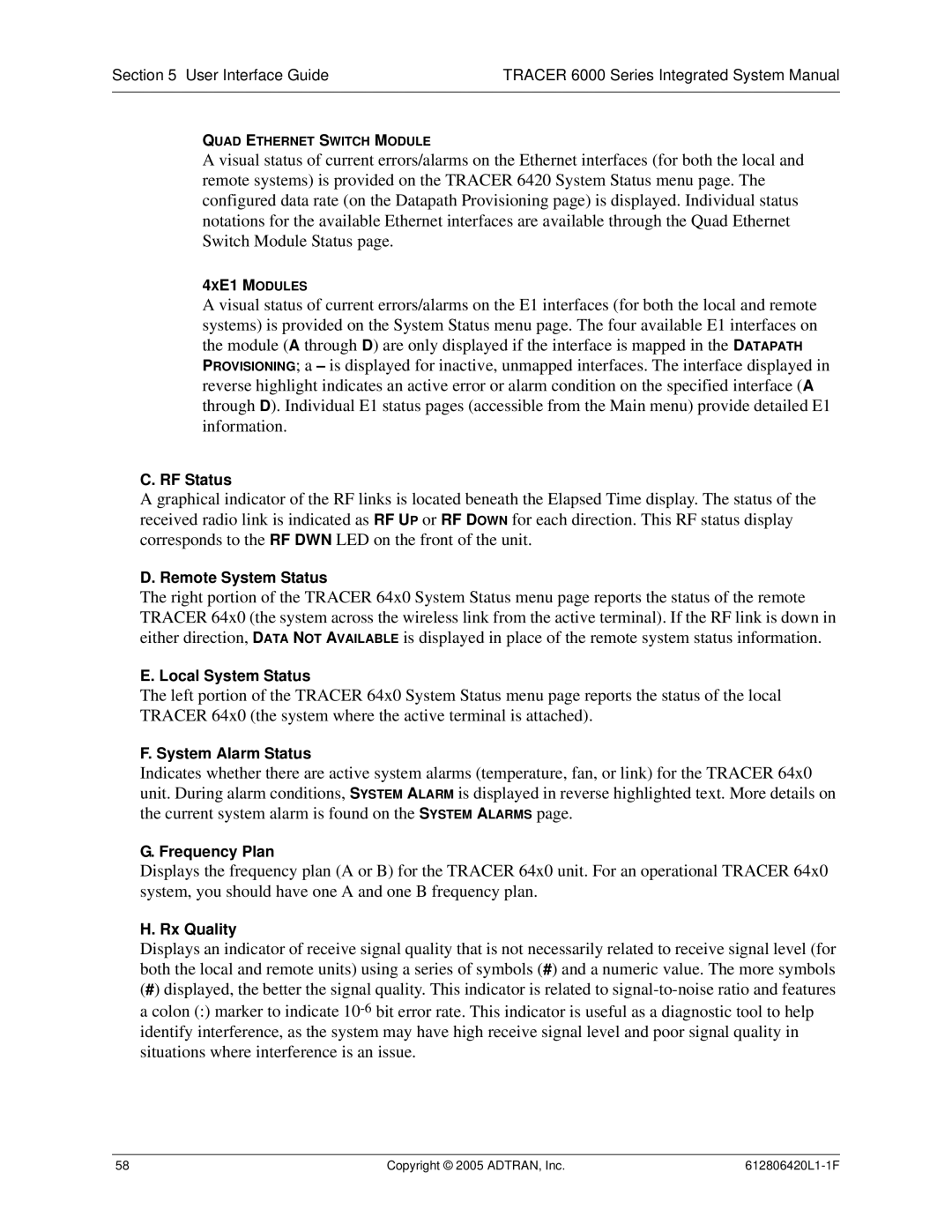 ADTRAN 6000 Series RF Status, Remote System Status, Local System Status, System Alarm Status, Frequency Plan, Rx Quality 