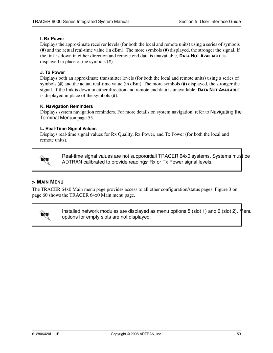 ADTRAN 6000 Series system manual Rx Power, Tx Power, Navigation Reminders, Real-Time Signal Values, Main Menu 