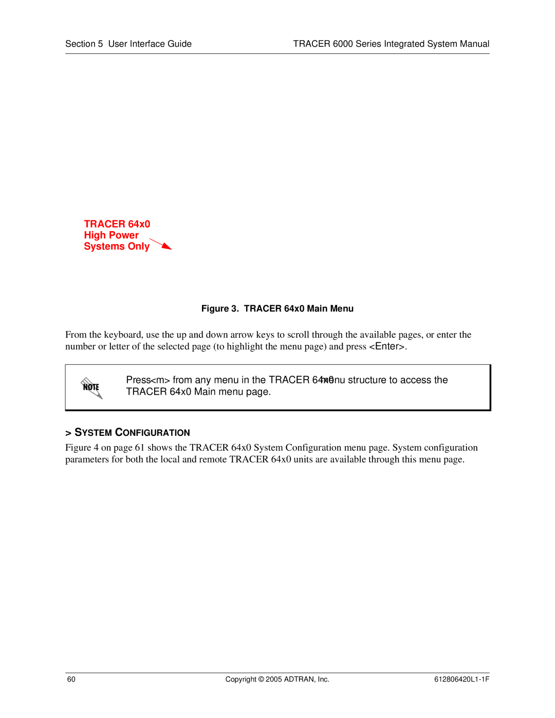 ADTRAN 6000 Series system manual Tracer 64x0 Main Menu, System Configuration 