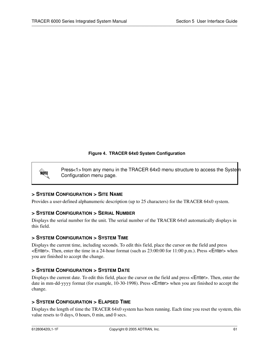 ADTRAN 6000 Series System Configuration Site Name, System Configuration Serial Number, System Configuration System Time 