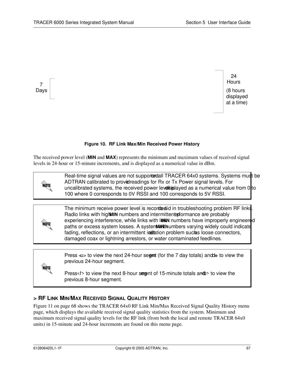 ADTRAN 6000 Series system manual RF Link Max/Min Received Power History, RF Link MIN/MAX Received Signal Quality History 