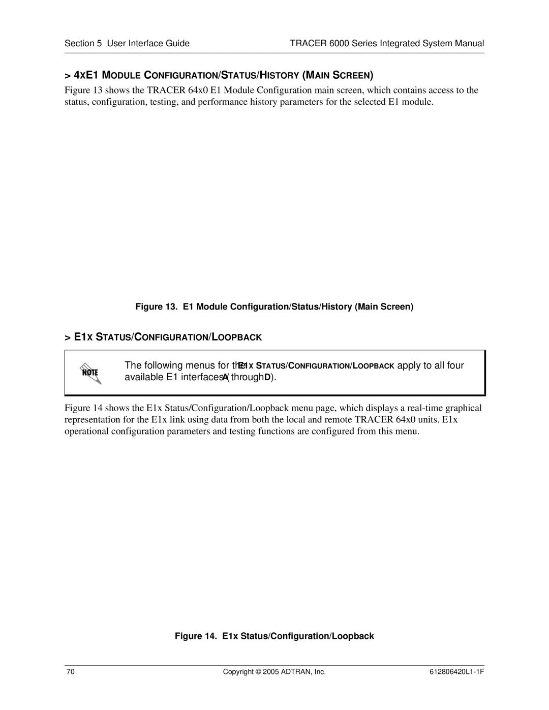 ADTRAN 6000 Series system manual 4XE1 Module CONFIGURATION/STATUS/HISTORY Main Screen, E1X STATUS/CONFIGURATION/LOOPBACK 