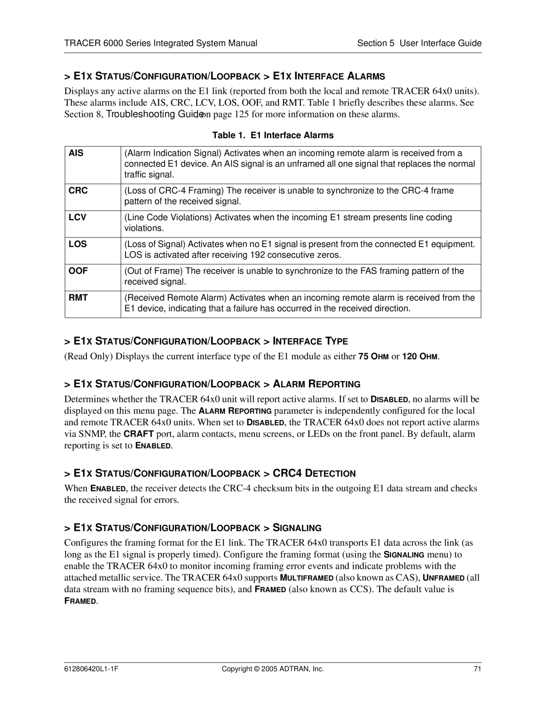 ADTRAN 6000 Series system manual E1X STATUS/CONFIGURATION/LOOPBACK E1X Interface Alarms, Ais, Crc, Lcv, Los, Oof, Rmt 