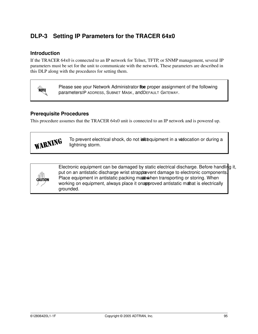 ADTRAN 6000 Series system manual DLP-3 Setting IP Parameters for the Tracer 