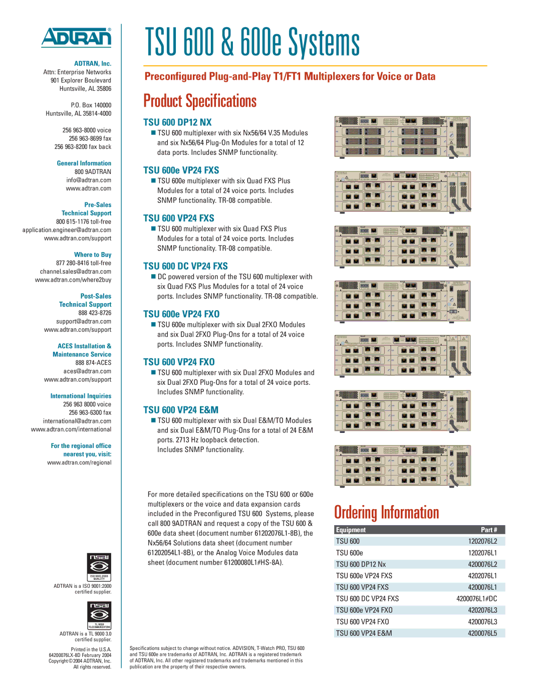 ADTRAN 600e warranty Product Specifications, Ordering Information 