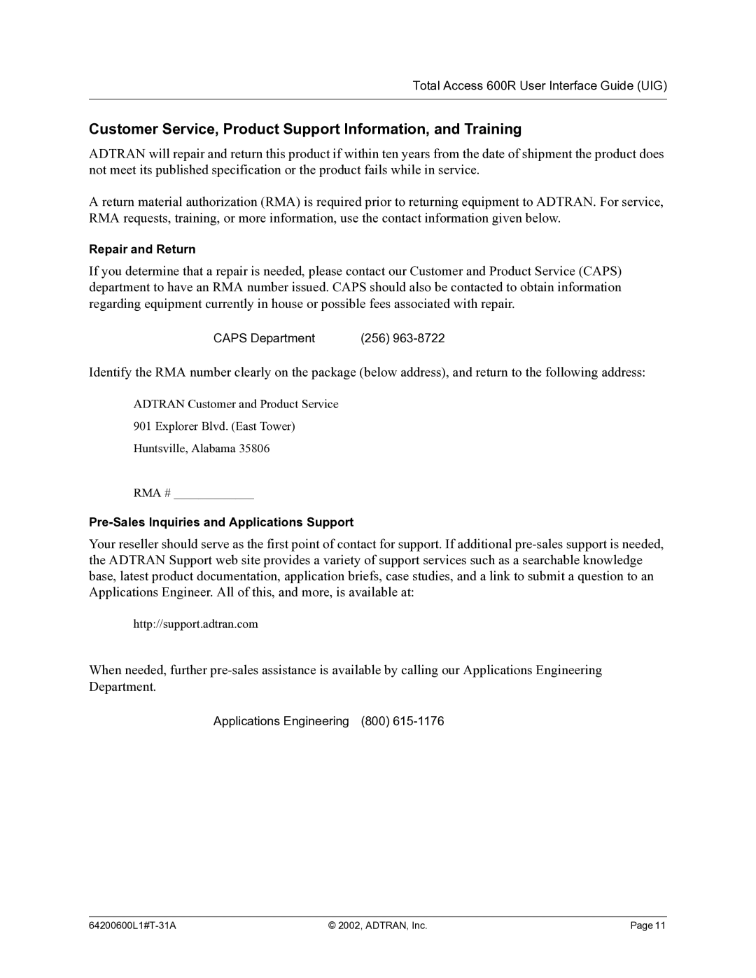 ADTRAN 600R manual Customer Service, Product Support Information, and Training, Repair and Return 