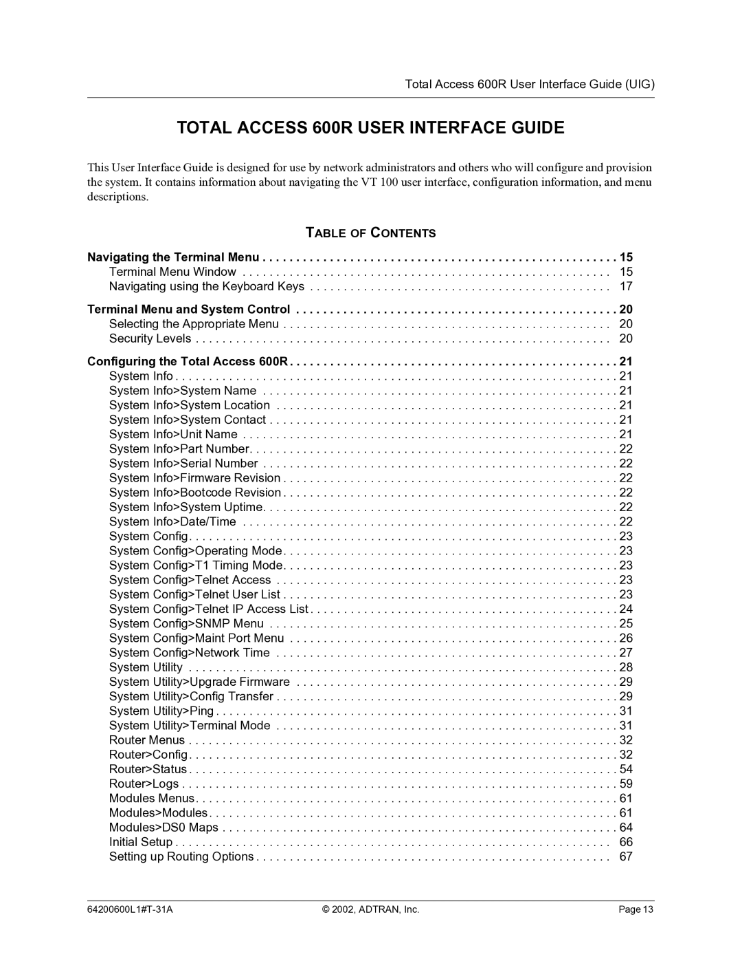 ADTRAN manual Total Access 600R User Interface Guide, Table of Contents 