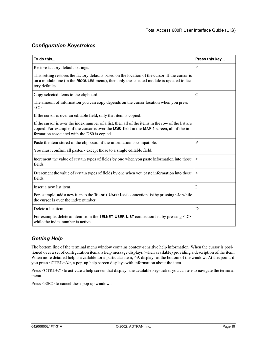 ADTRAN 600R manual Configuration Keystrokes 