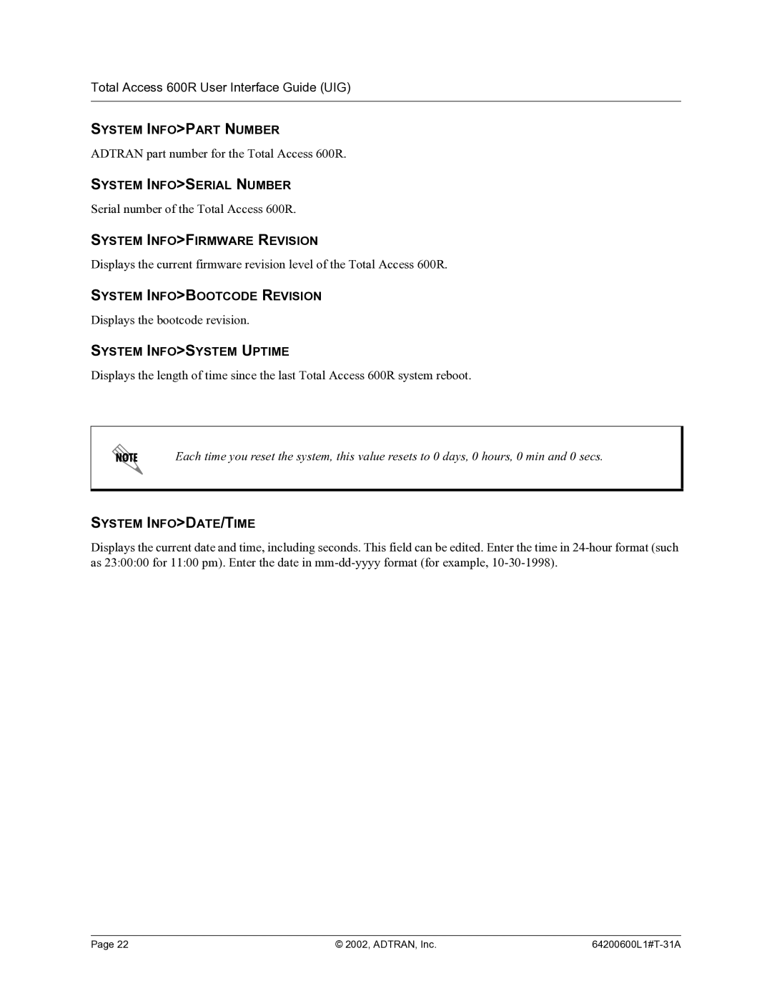 ADTRAN 600R System Infopart Number, System Infoserial Number, System Infofirmware Revision, System Infobootcode Revision 