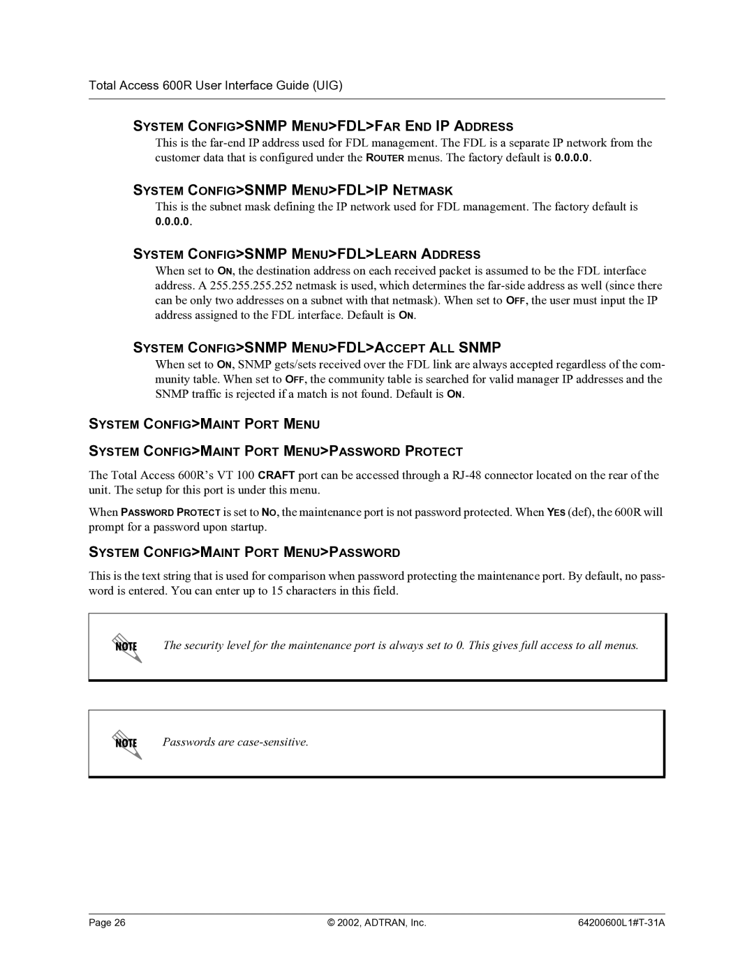 ADTRAN 600R manual System Configsnmp Menufdlfar END IP Address, System Configsnmp Menufdlip Netmask 