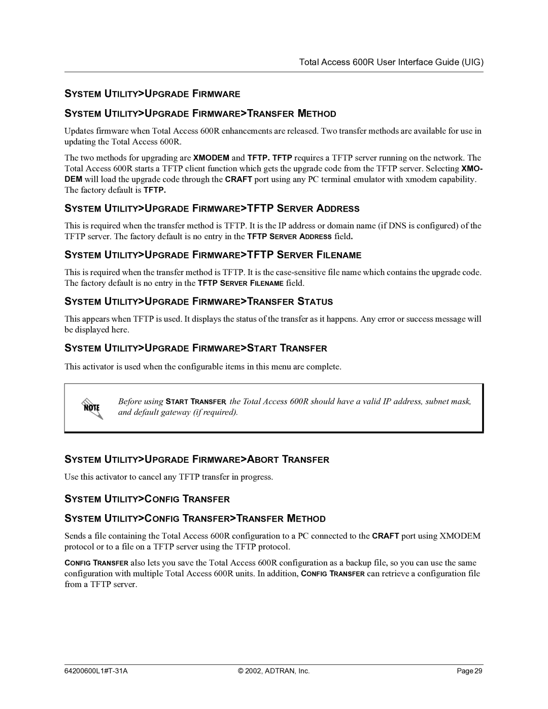 ADTRAN 600R manual System Utilityupgrade Firmwaretftp Server Address, System Utilityupgrade Firmwaretftp Server Filename 