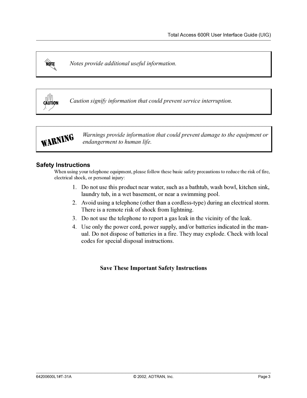 ADTRAN 600R manual Safety Instructions 