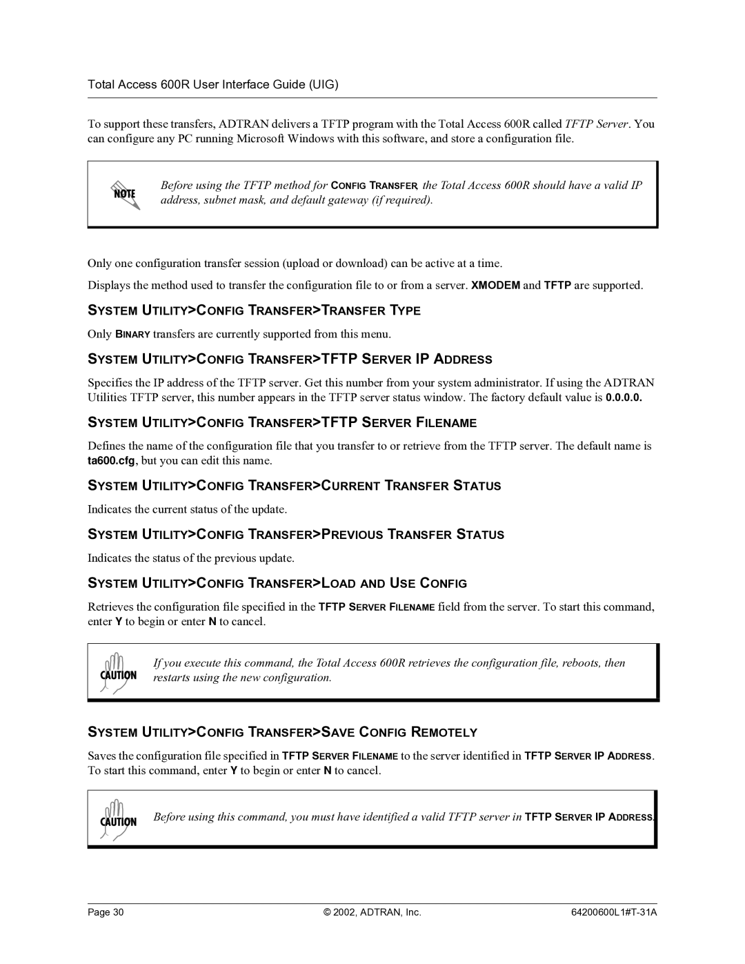 ADTRAN 600R manual System Utilityconfig Transfertransfer Type, System Utilityconfig Transfertftp Server IP Address 