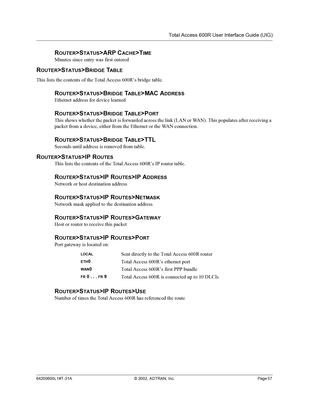 ADTRAN 600R manual Routerstatusarp Cachetime, Routerstatusbridge Tablemac Address, Routerstatusbridge Tableport 