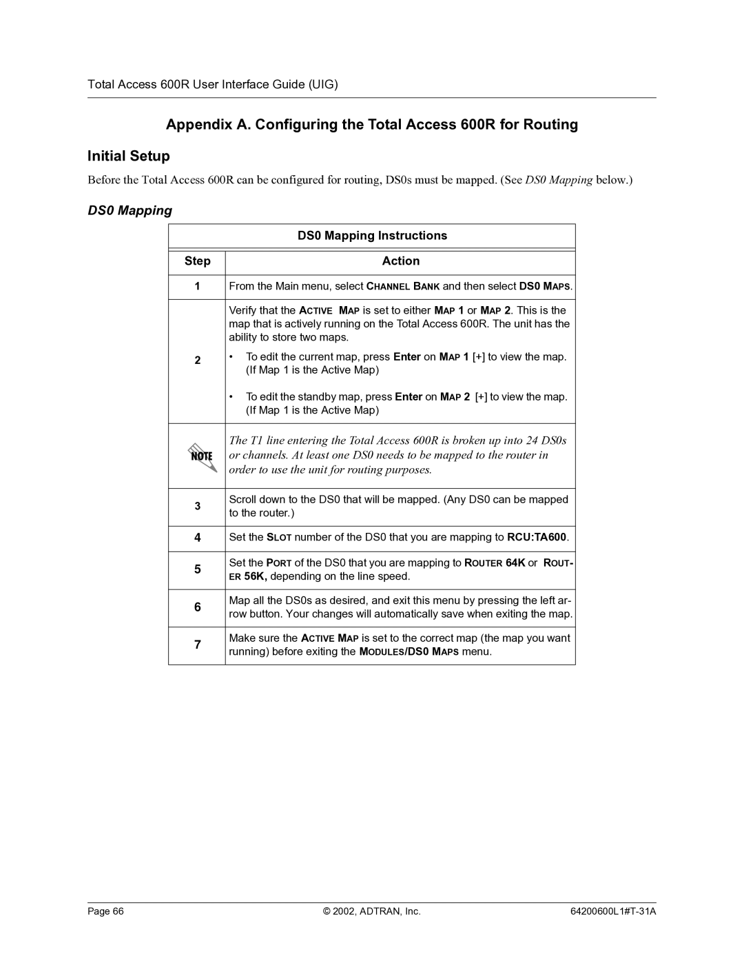 ADTRAN 600R manual DS0 Mapping Instructions Step Action 