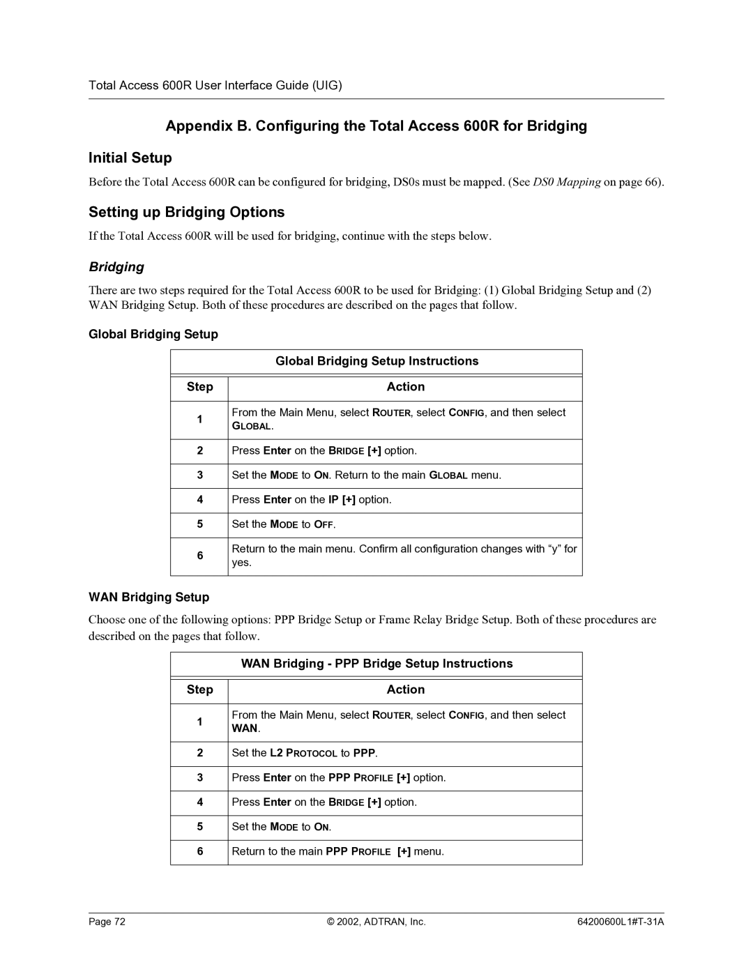 ADTRAN 600R manual Setting up Bridging Options, WAN Bridging PPP Bridge Setup Instructions Step Action 