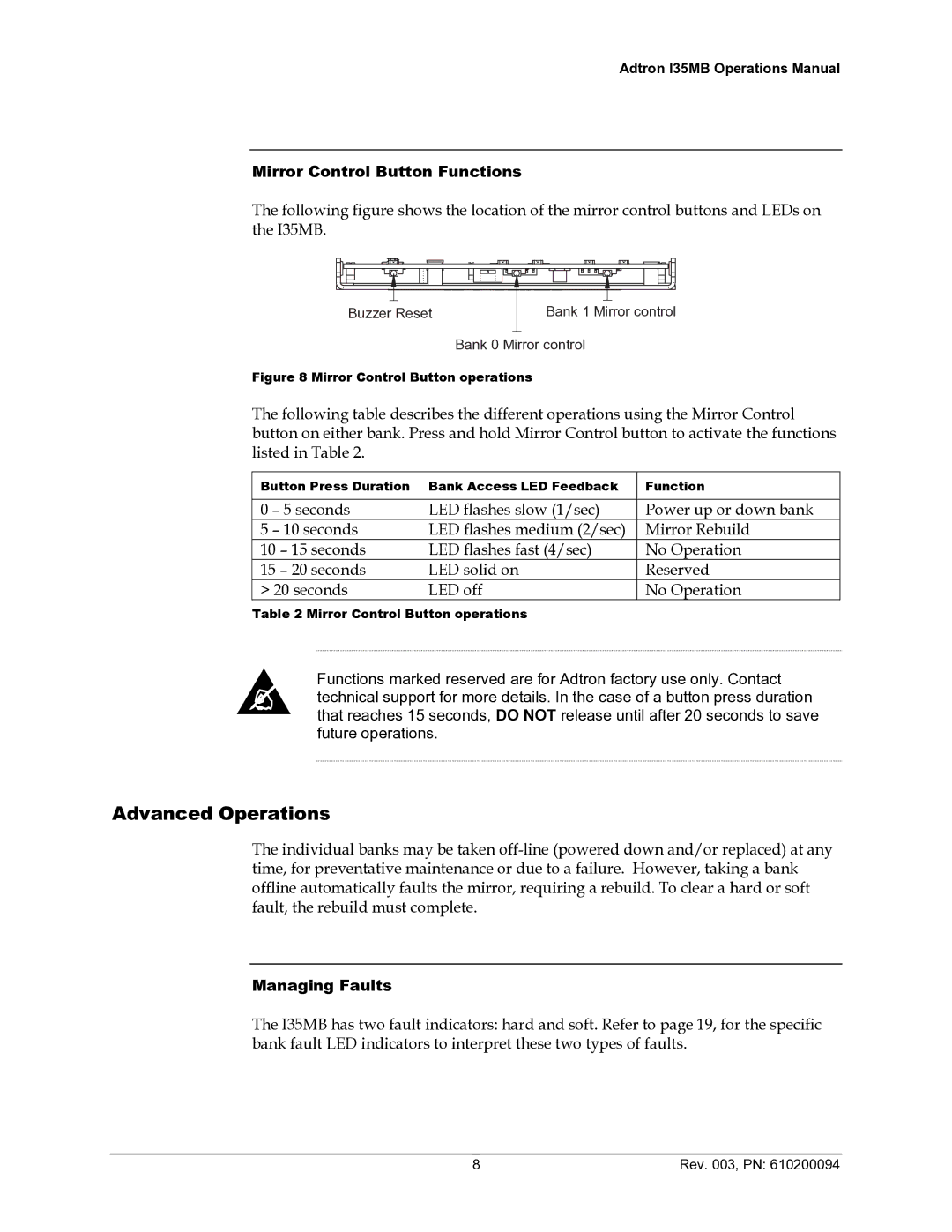 ADTRAN 610200094 manual Advanced Operations, Mirror Control Button Functions, Managing Faults 