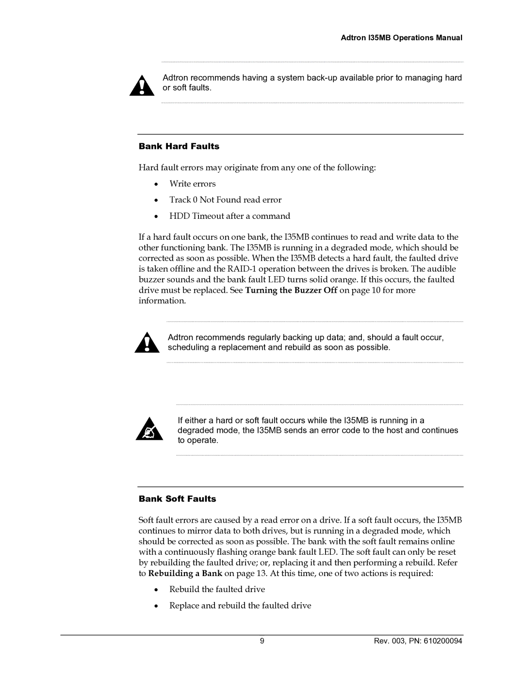 ADTRAN 610200094 manual Bank Hard Faults, Bank Soft Faults 