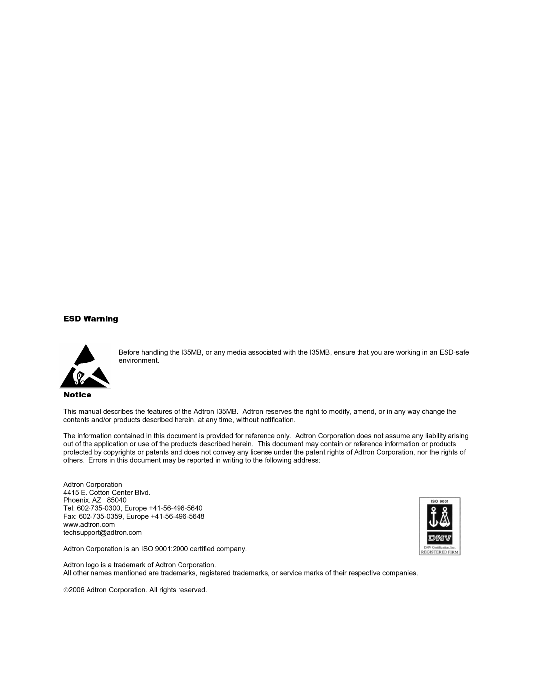 ADTRAN 610200094 manual ESD Warning 