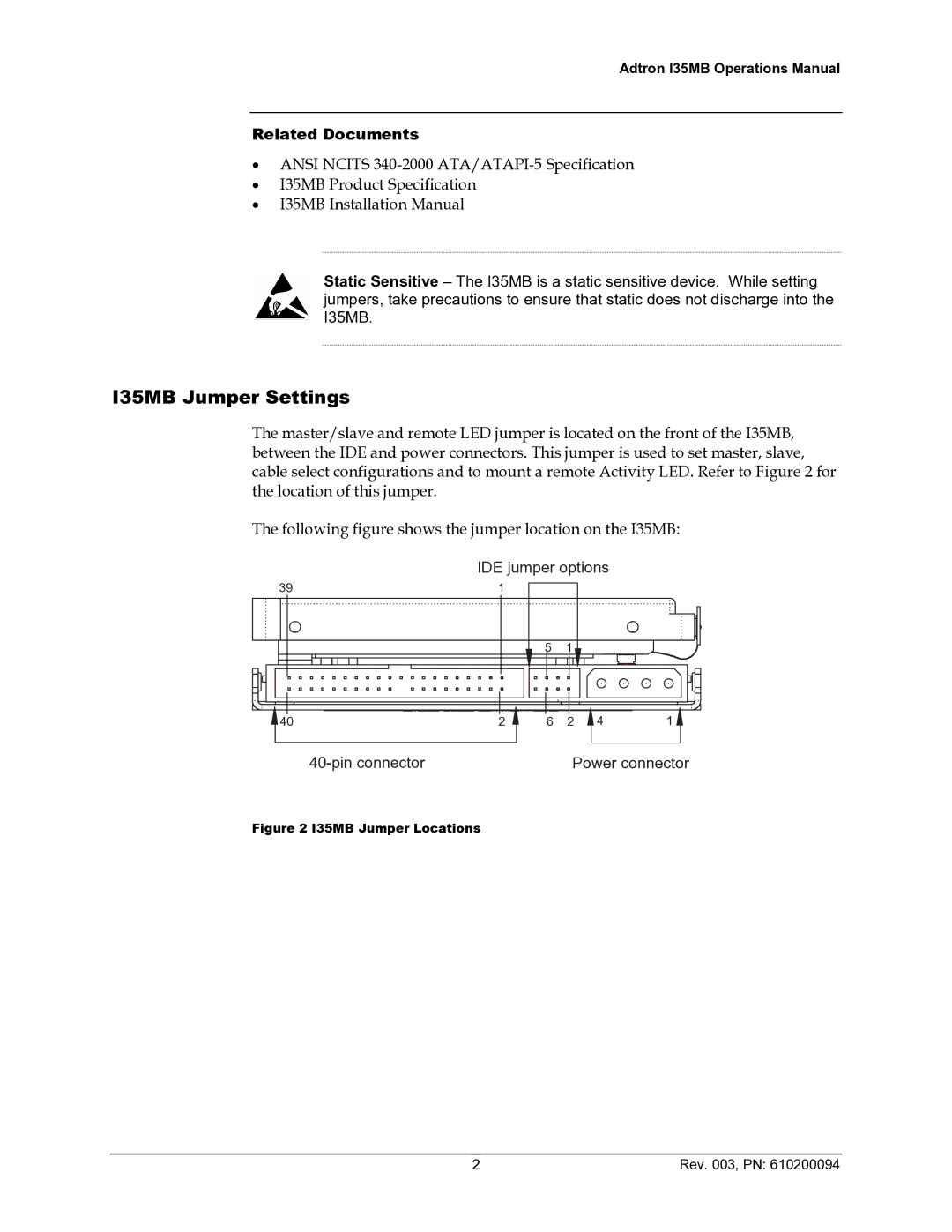 ADTRAN 610200094 manual I35MB Jumper Settings, Related Documents 