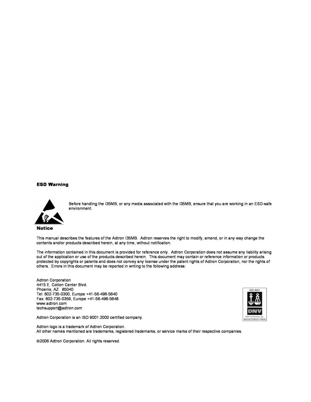 ADTRAN 610200094 manual ESD Warning 