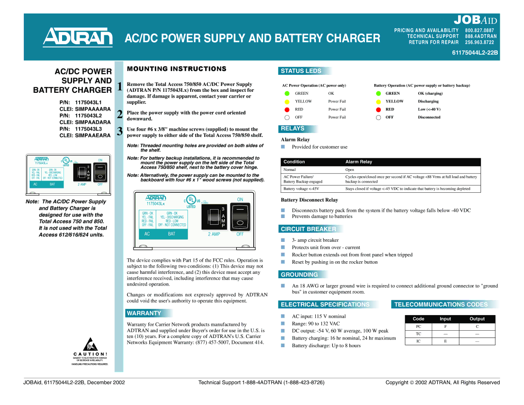 ADTRAN 61175044L2-22B warranty Status Leds, Relays, Circuit Breaker, Warranty, Grounding 