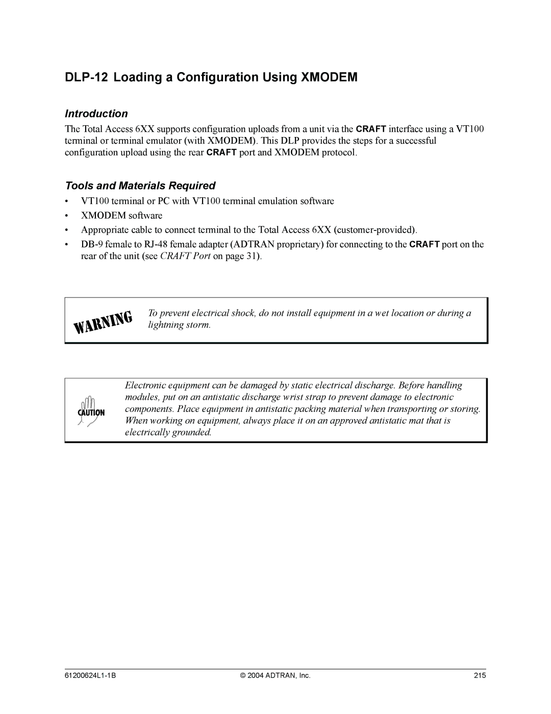 ADTRAN 606, 612, 616, 624, 604 system manual DLP-12 Loading a Configuration Using Xmodem 