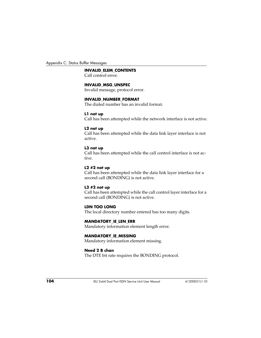 ADTRAN 1200051L5, 61200051L1, 1200051L6, 1200051L2 user manual Invalid message, protocol error 