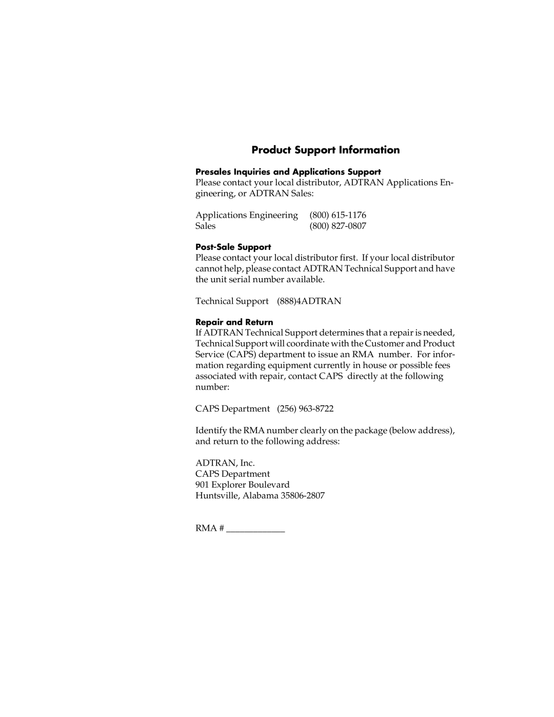 ADTRAN 61200051L1, 1200051L6, 1200051L2, 1200051L5 user manual Product Support Information 