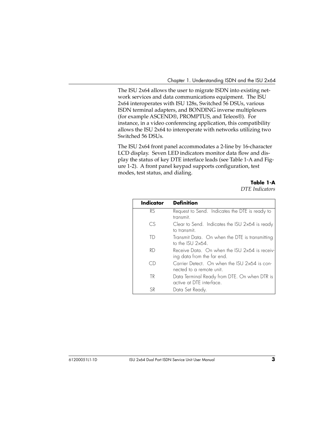 ADTRAN 1200051L2, 61200051L1, 1200051L6, 1200051L5 user manual DTE Indicators, Indicator Deﬁnition 