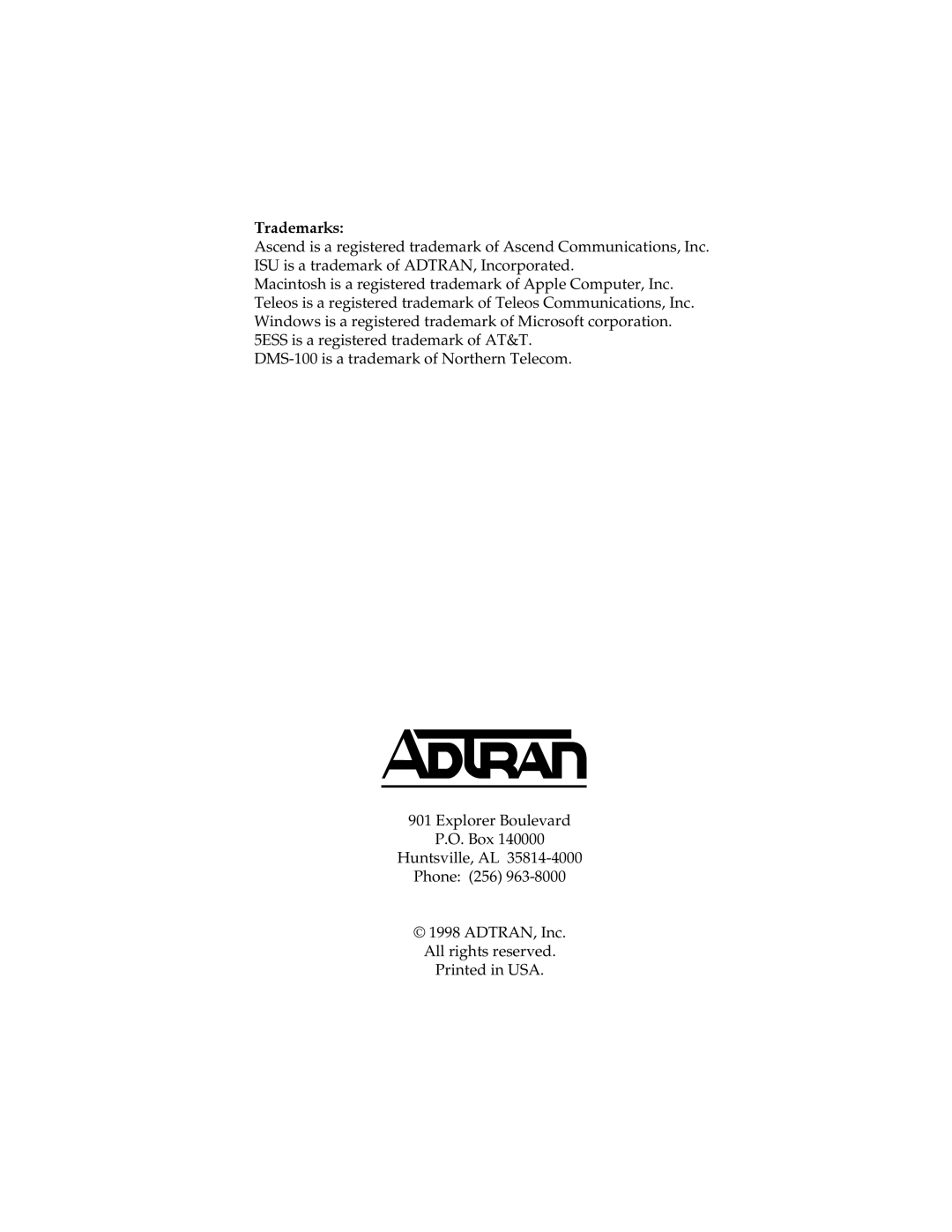 ADTRAN 1200051L2, 61200051L1, 1200051L6, 1200051L5 user manual Trademarks 