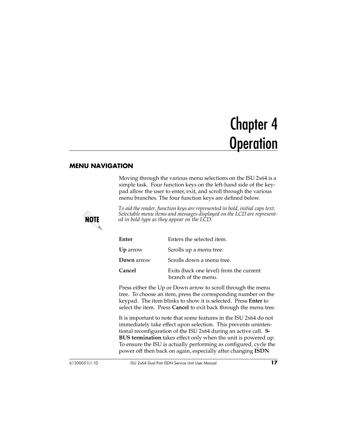 ADTRAN 1200051L6, 61200051L1, 1200051L2, 1200051L5 user manual Chapter Operation, Menu Navigation 