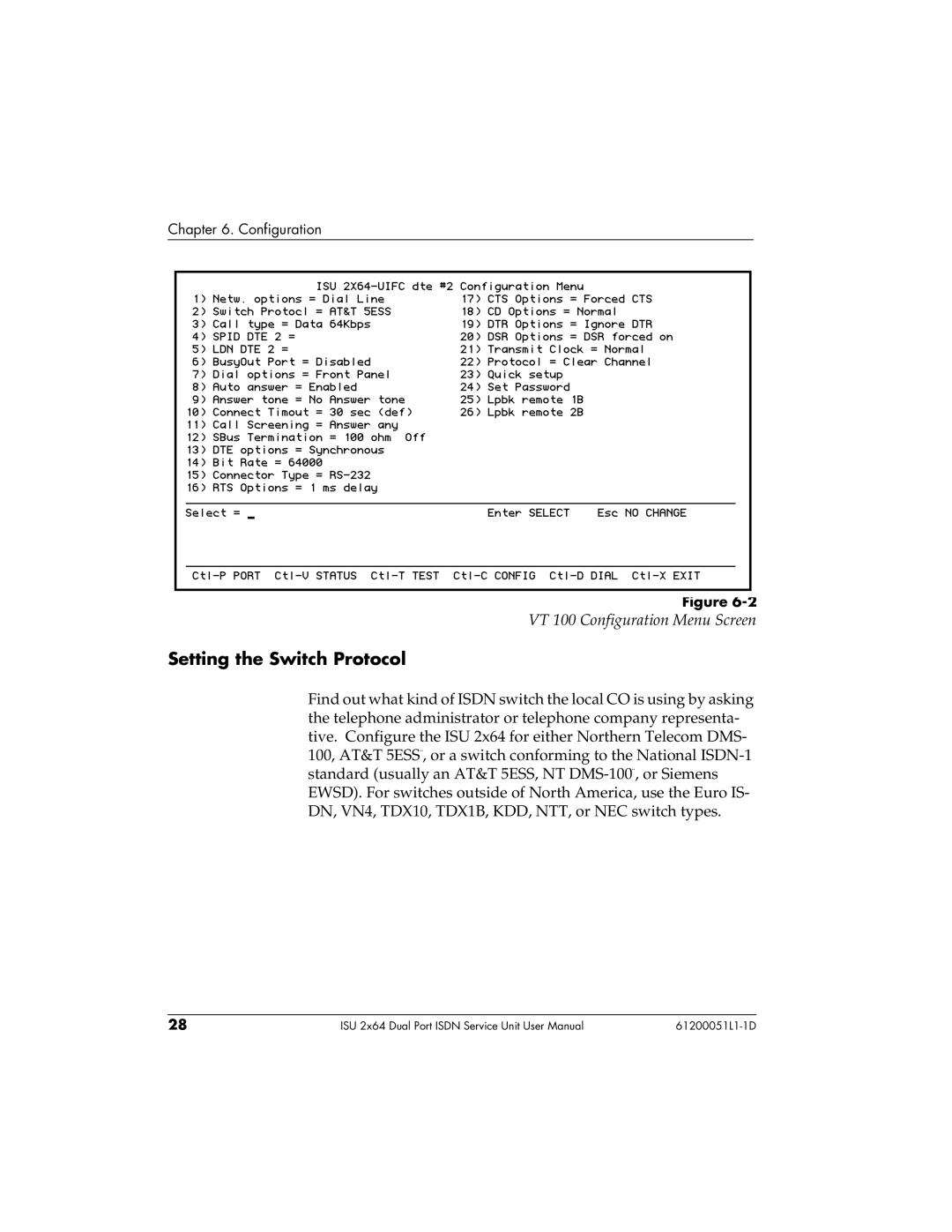 ADTRAN 1200051L2, 61200051L1, 1200051L6, 1200051L5 user manual Setting the Switch Protocol, VT 100 Configuration Menu Screen 