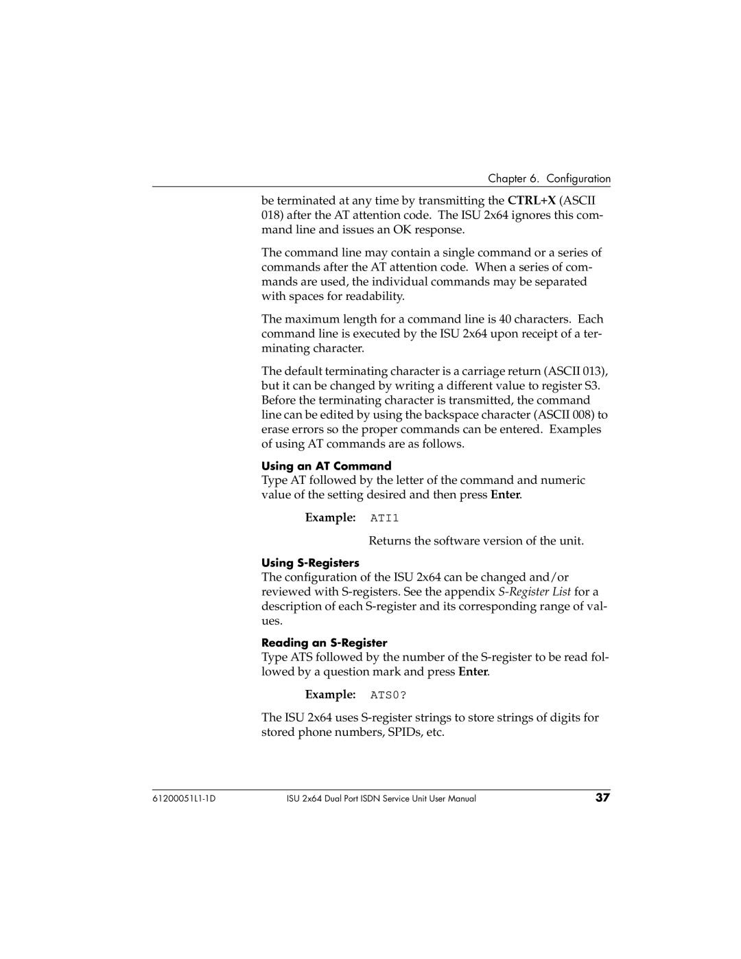 ADTRAN 1200051L6, 61200051L1, 1200051L2, 1200051L5 user manual Example ATI1 