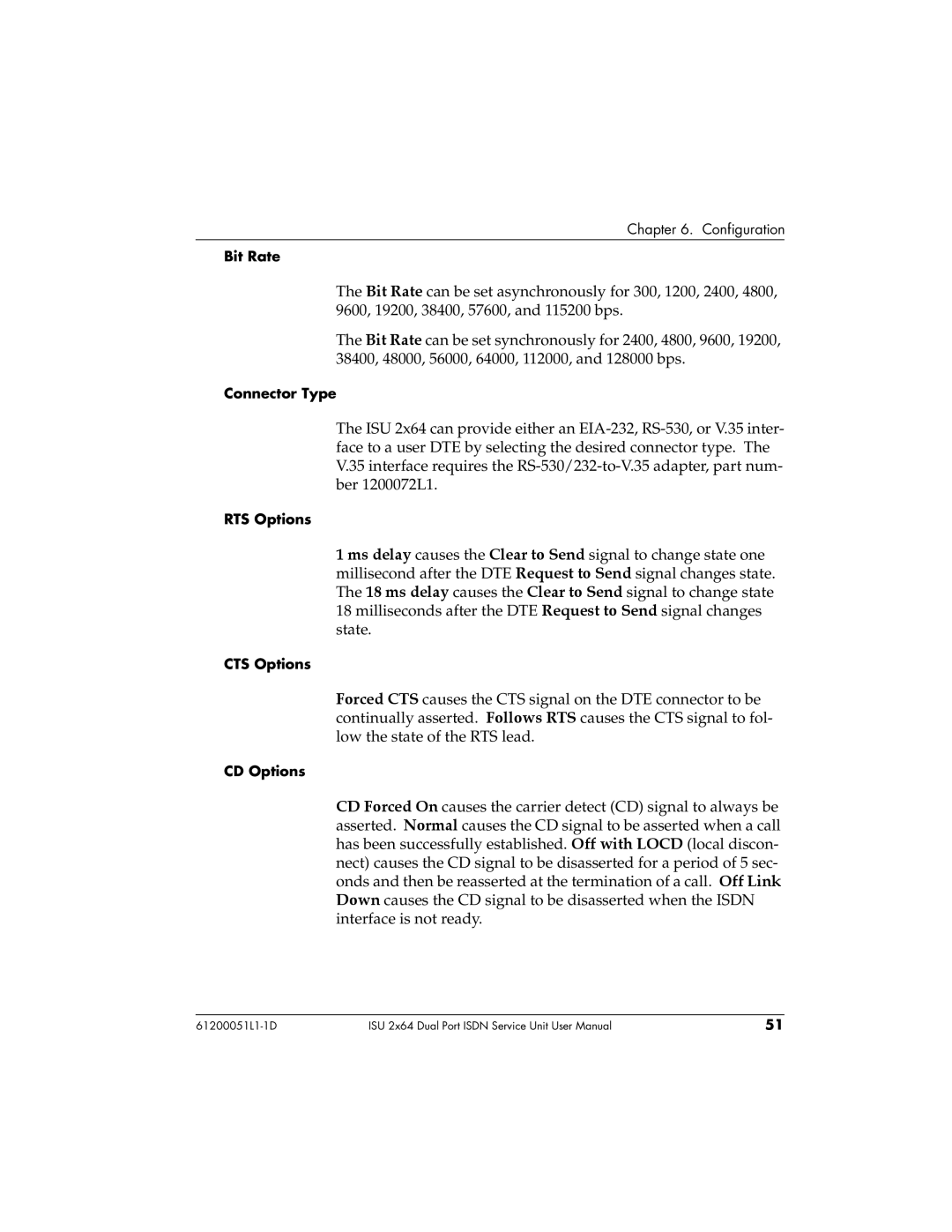 ADTRAN 61200051L1, 1200051L6, 1200051L2, 1200051L5 user manual Bit Rate 