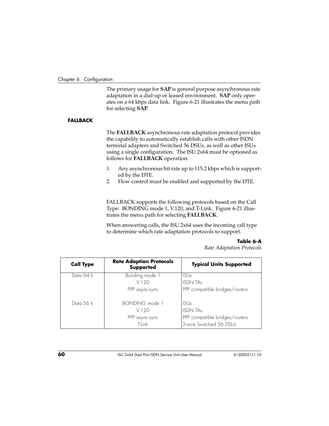 ADTRAN 61200051L1, 1200051L6 Rate Adaptation Protocols, Call Type Rate Adaption Protocols Typical Units Supported 