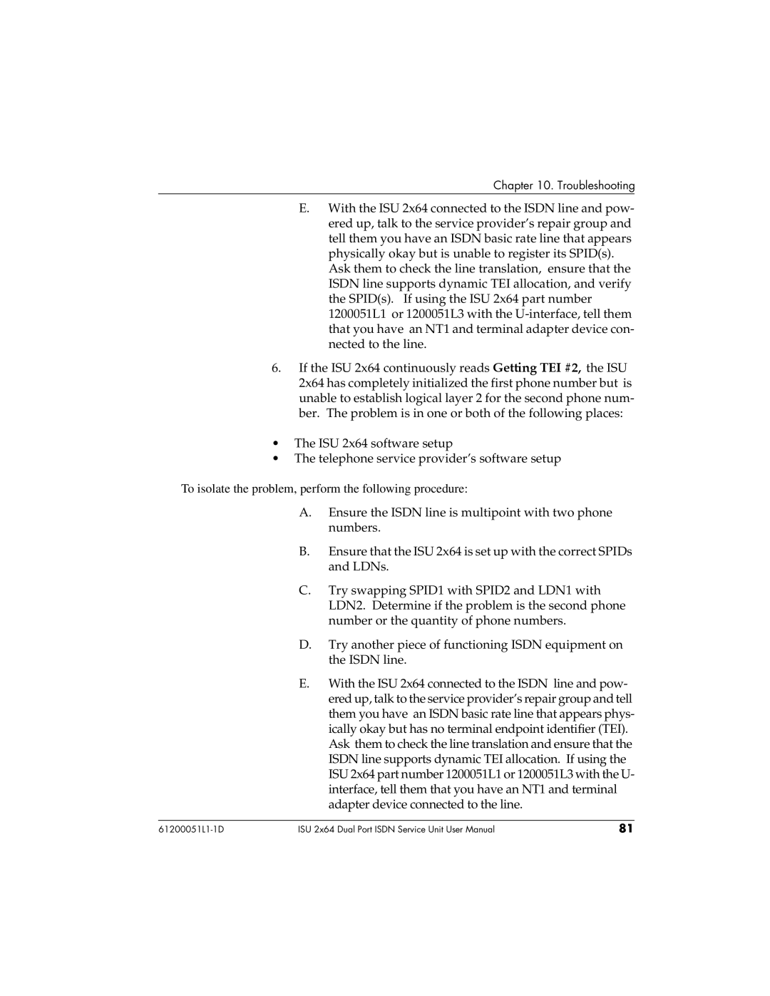 ADTRAN 61200051L1, 1200051L6, 1200051L2, 1200051L5 user manual Troubleshooting 