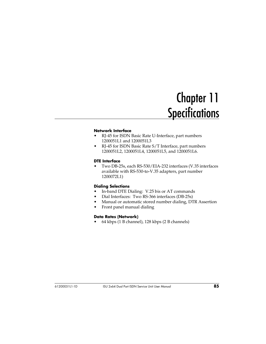 ADTRAN 61200051L1, 1200051L6, 1200051L2, 1200051L5 user manual Chapter Specifications 