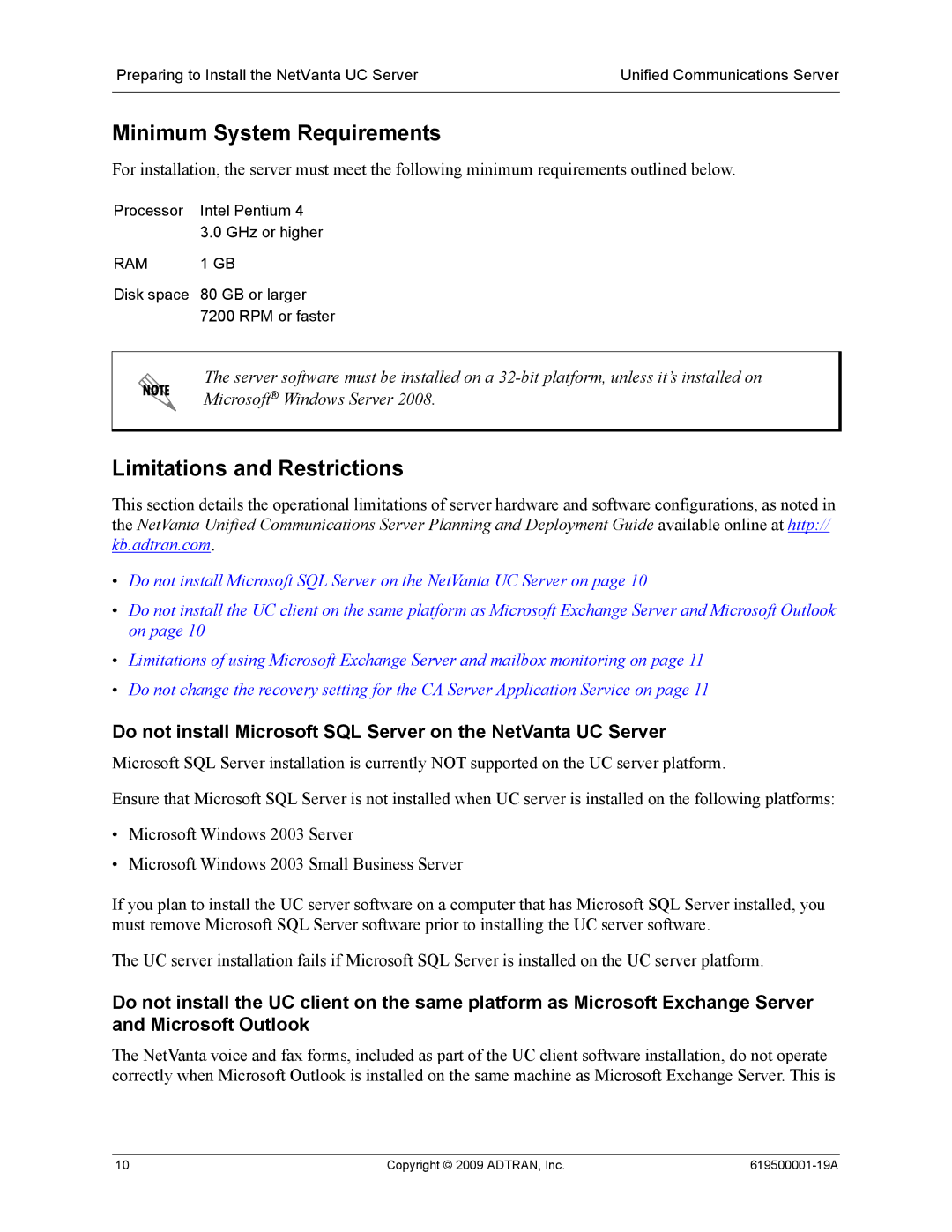 ADTRAN 619500001-19A manual Minimum System Requirements, Limitations and Restrictions 