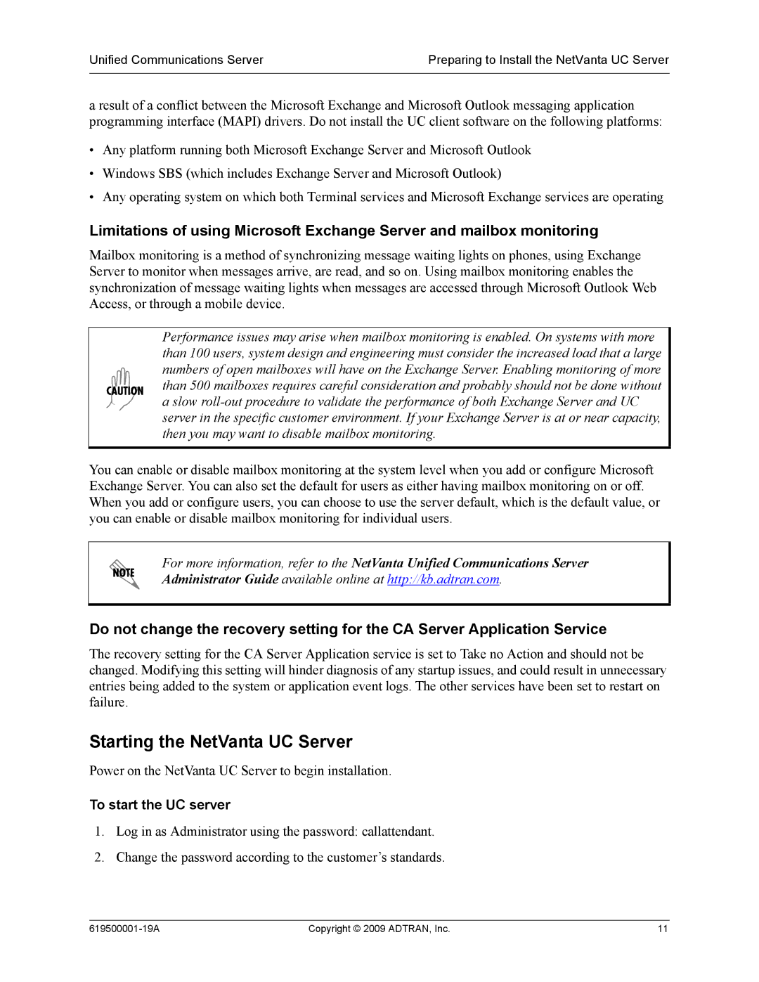 ADTRAN 619500001-19A manual Starting the NetVanta UC Server, To start the UC server 