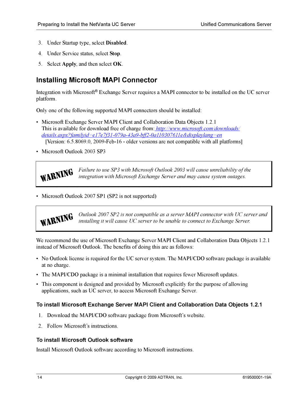 ADTRAN 619500001-19A manual Installing Microsoft Mapi Connector, To install Microsoft Outlook software 