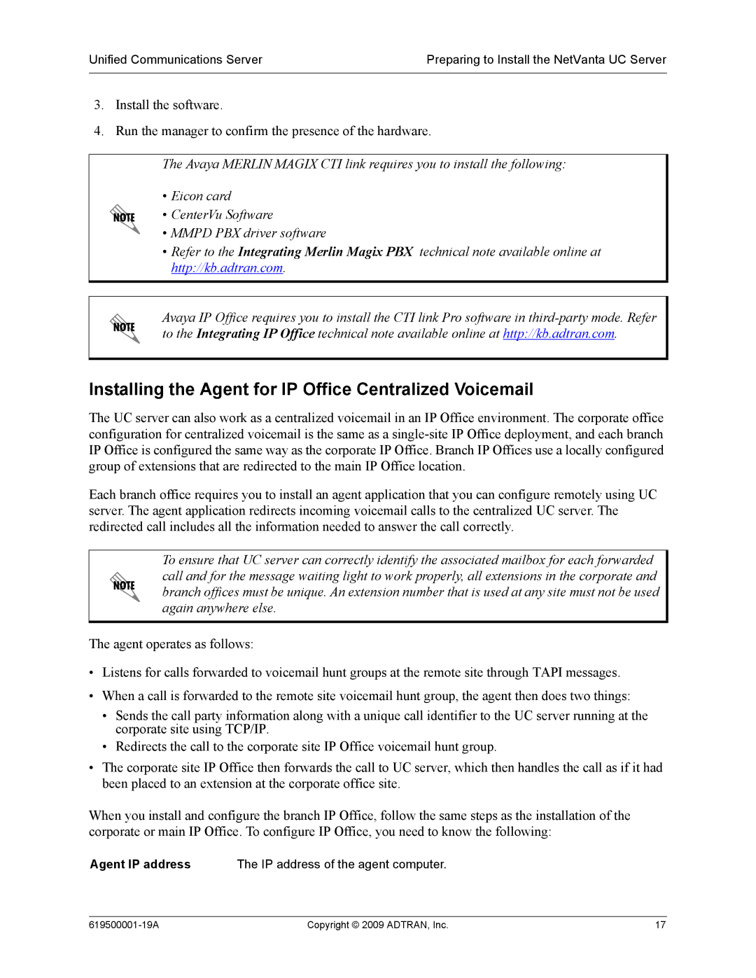 ADTRAN 619500001-19A manual Installing the Agent for IP Office Centralized Voicemail 